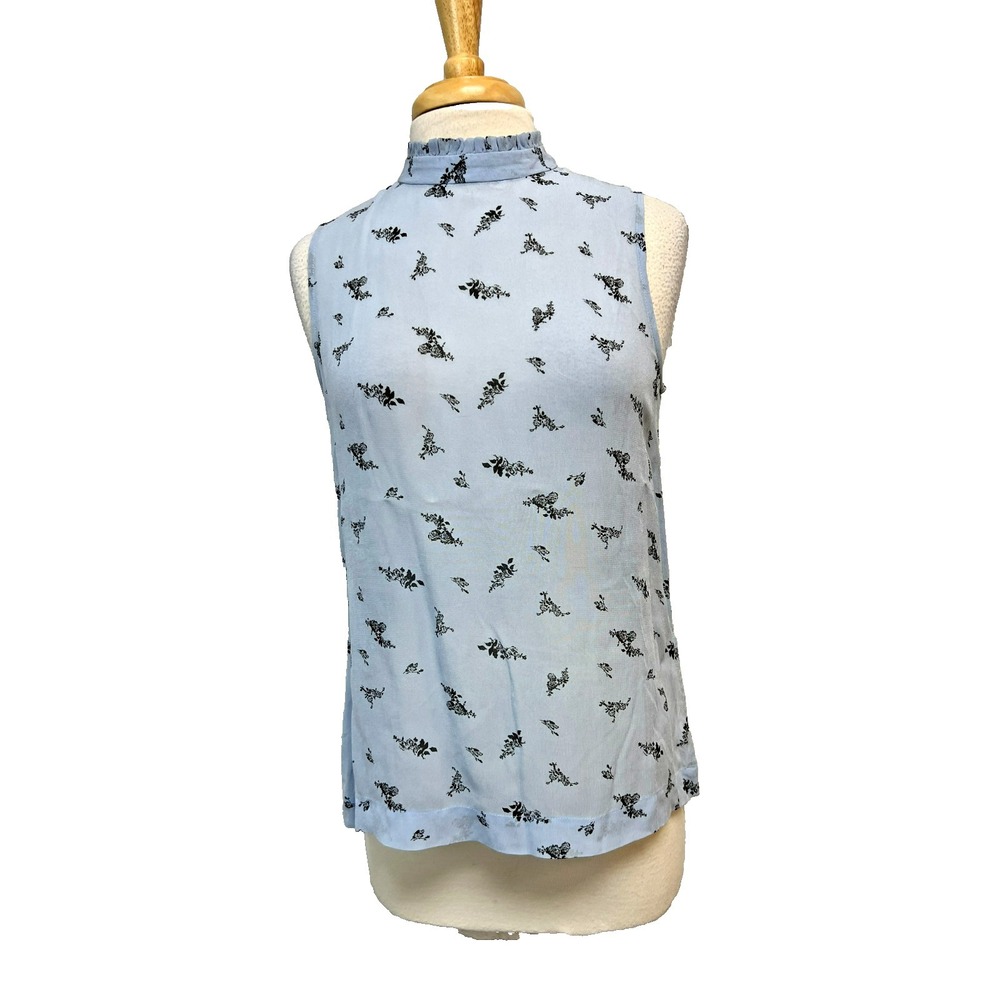 Ganni Sleeveless Top Blue Black Boquet Print Ruffle High Neck Back Zip A-Line, S